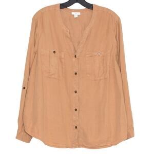 J Jill Top Lyocell Minimalist Utility Neutral Workwear Button Roll Tab Brown 2X